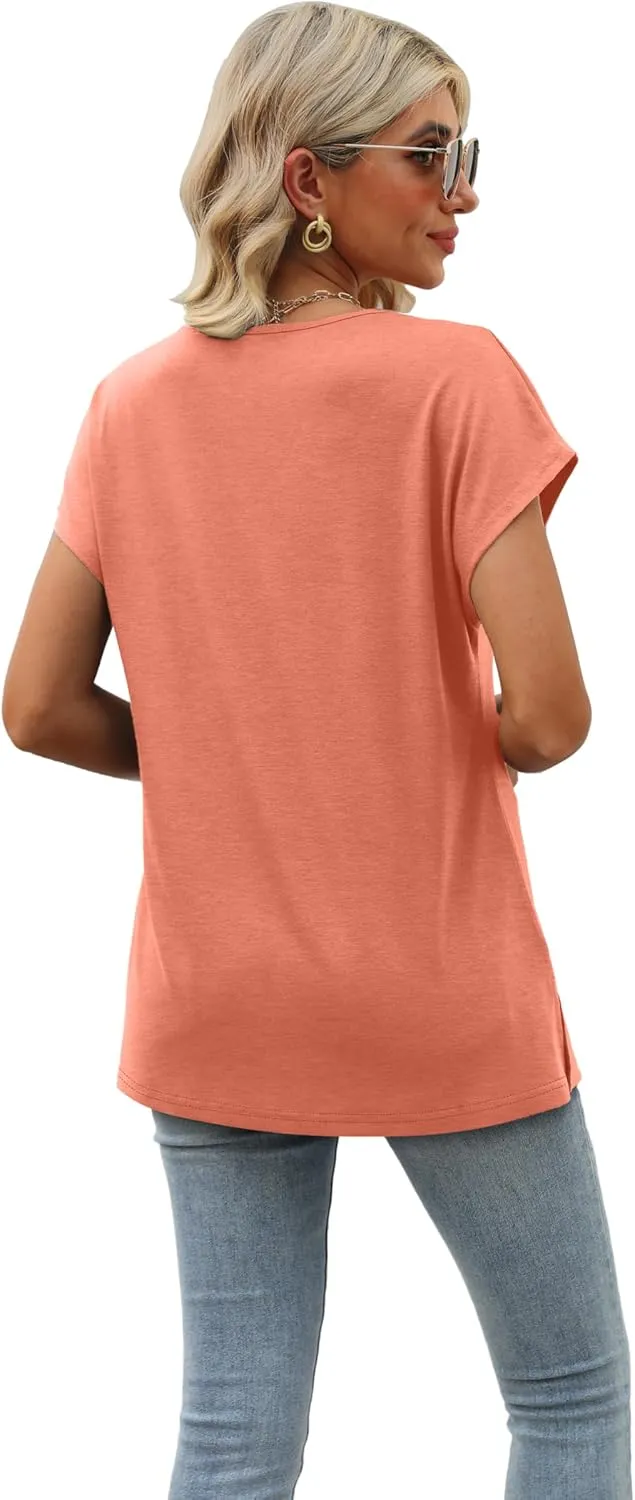Womens Cap Sleeve Summer Tops 2025 Trendy Tank Tops Lace V Neck Loose Fit Shirts
