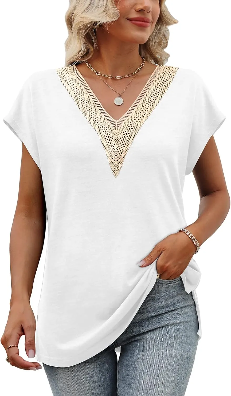 Womens Cap Sleeve Summer Tops 2025 Trendy Tank Tops Lace V Neck Loose Fit Shirts