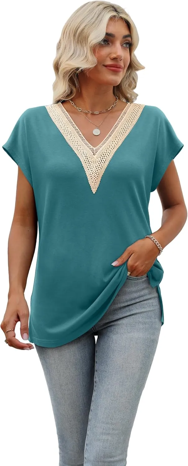 Womens Cap Sleeve Summer Tops 2025 Trendy Tank Tops Lace V Neck Loose Fit Shirts