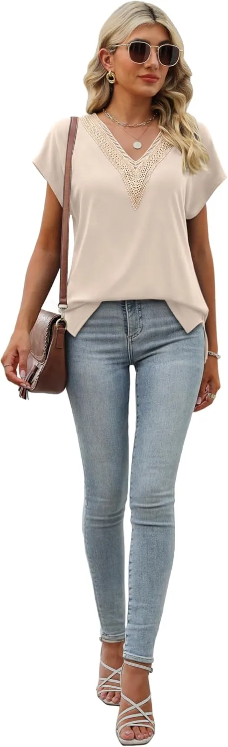 Womens Cap Sleeve Summer Tops 2025 Trendy Tank Tops Lace V Neck Loose Fit Shirts
