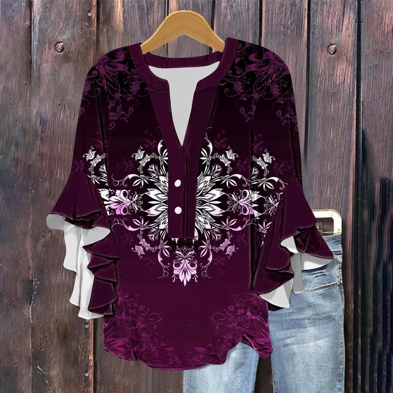 Women's Casual Boho Floral Print Tops Loose V Neck 3/4 Wave Bell Sleeve Flowy Shirts Summer Blouses for Women