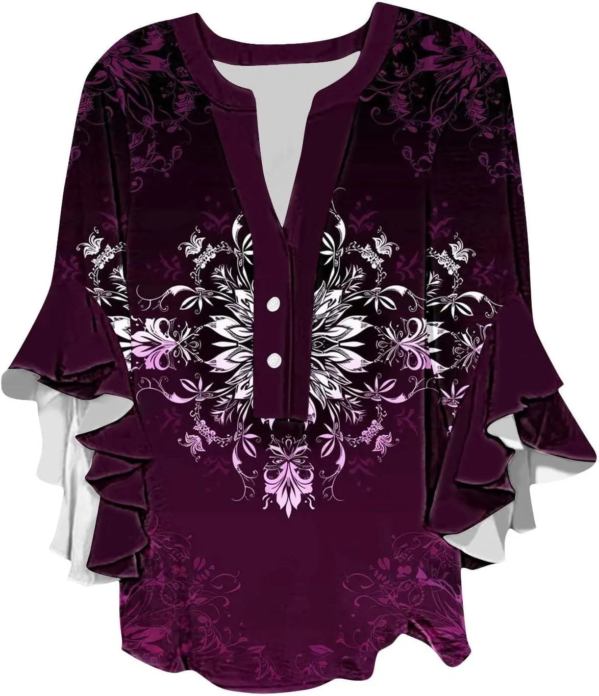 Women's Casual Boho Floral Print Tops Loose V Neck 3/4 Wave Bell Sleeve Flowy Shirts Summer Blouses for Women