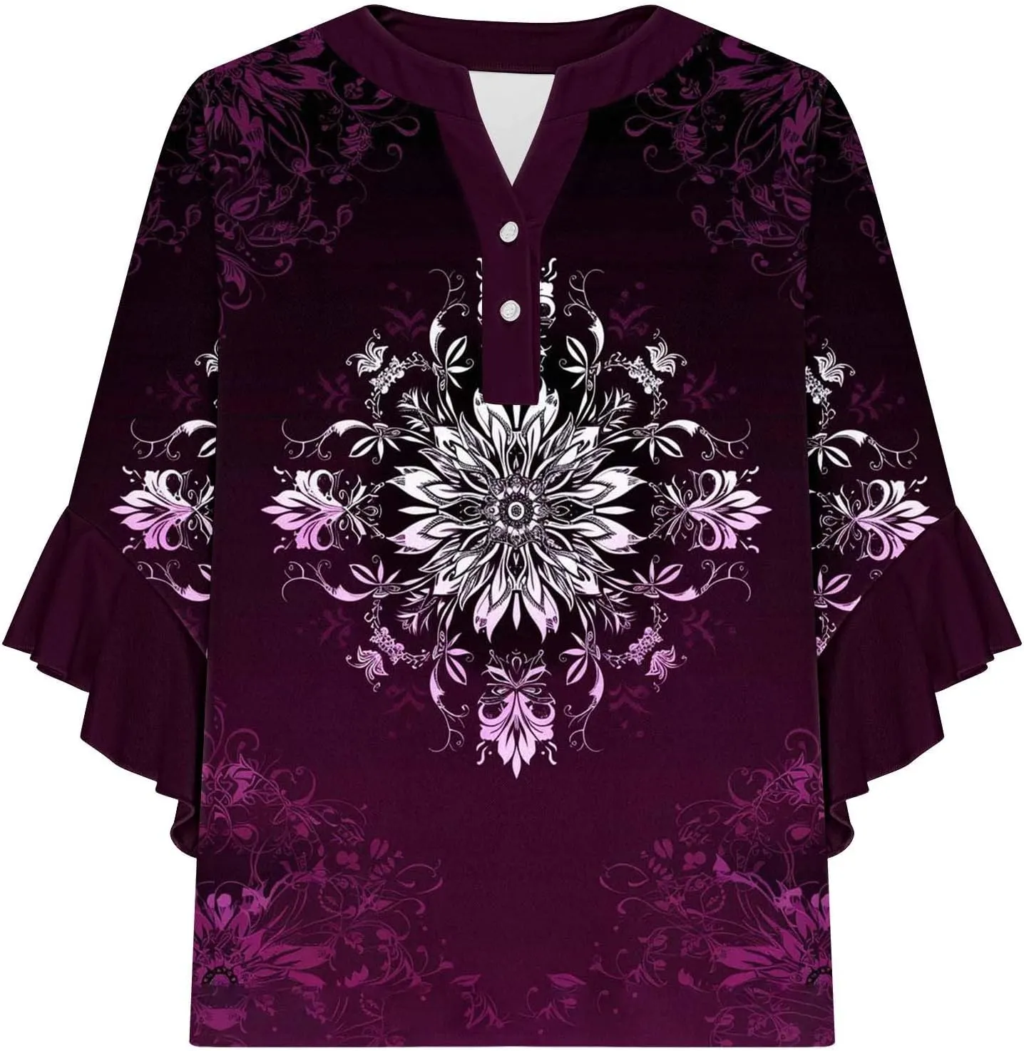 Women's Casual Boho Floral Print Tops Loose V Neck 3/4 Wave Bell Sleeve Flowy Shirts Summer Blouses for Women