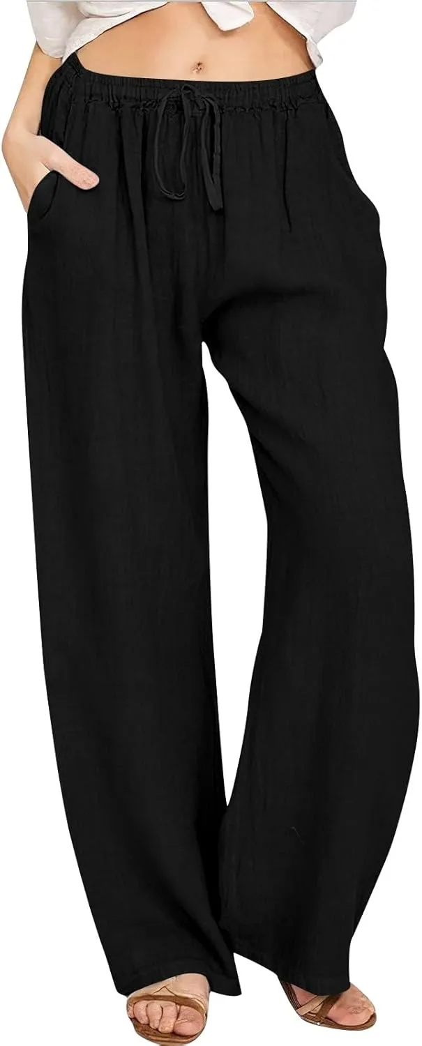 Womens Casual Pants Wide Leg Linen Trousers High Waist Loose Fit Lightweight Summer Beach Pockets Comfortable