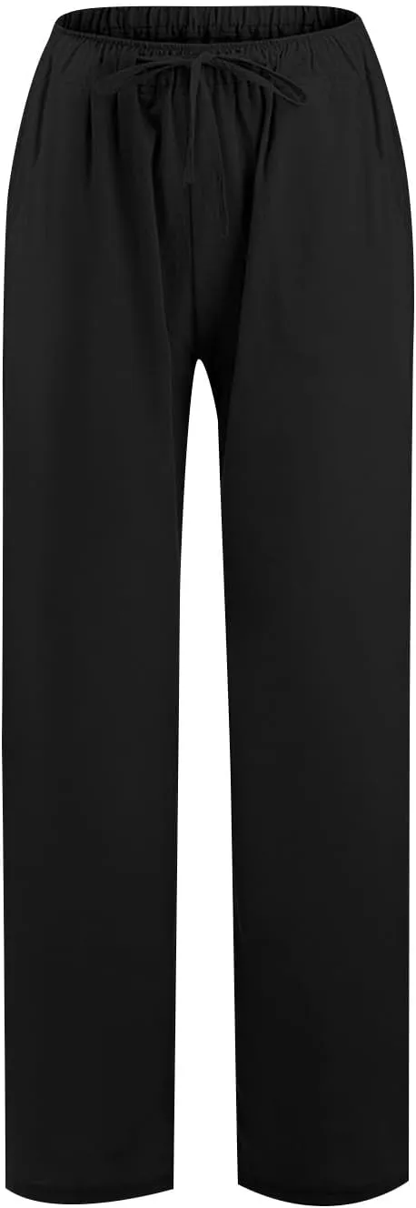 Womens Casual Pants Wide Leg Linen Trousers High Waist Loose Fit Lightweight Summer Beach Pockets Comfortable