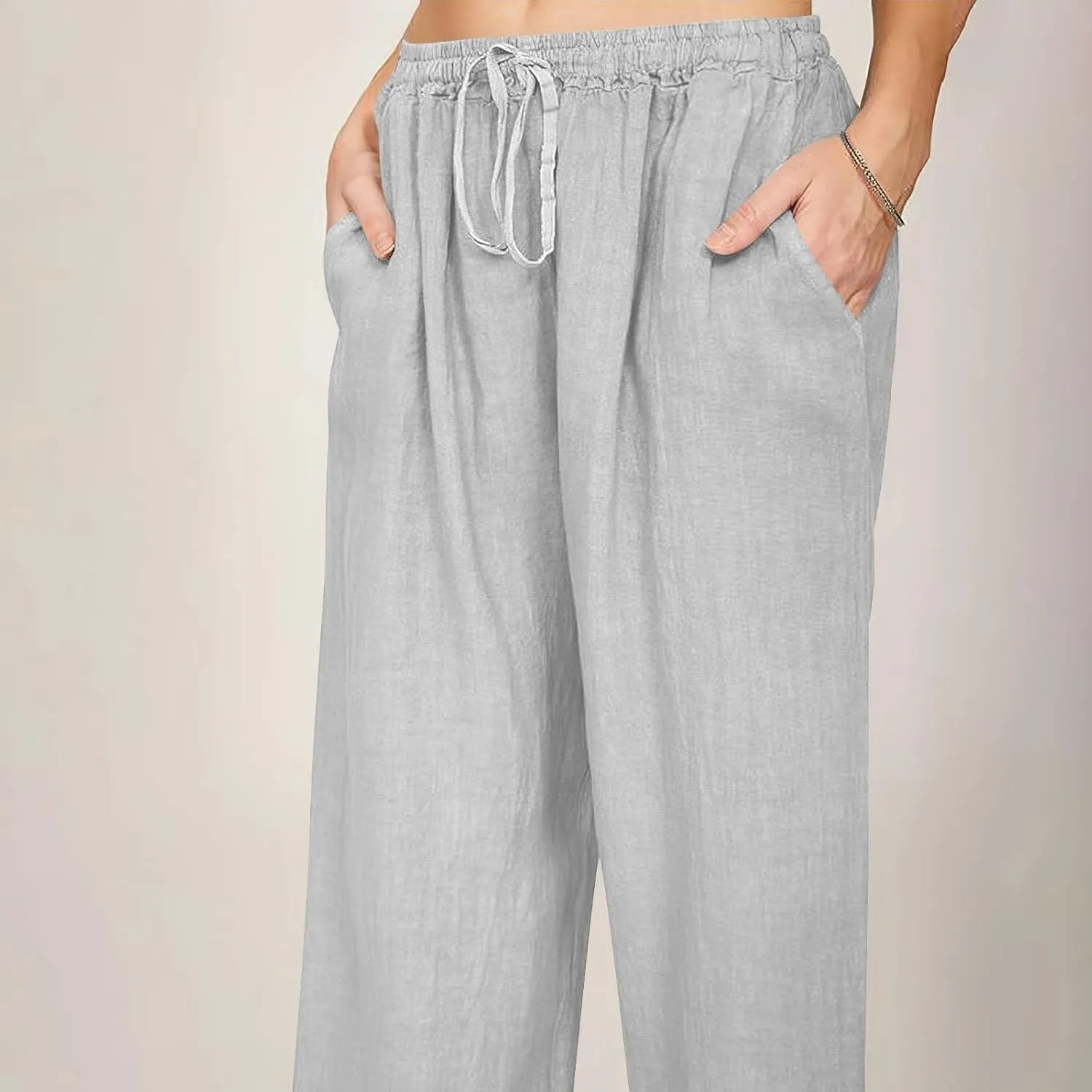 Womens Casual Pants Wide Leg Linen Trousers High Waist Loose Fit Lightweight Summer Beach Pockets Comfortable