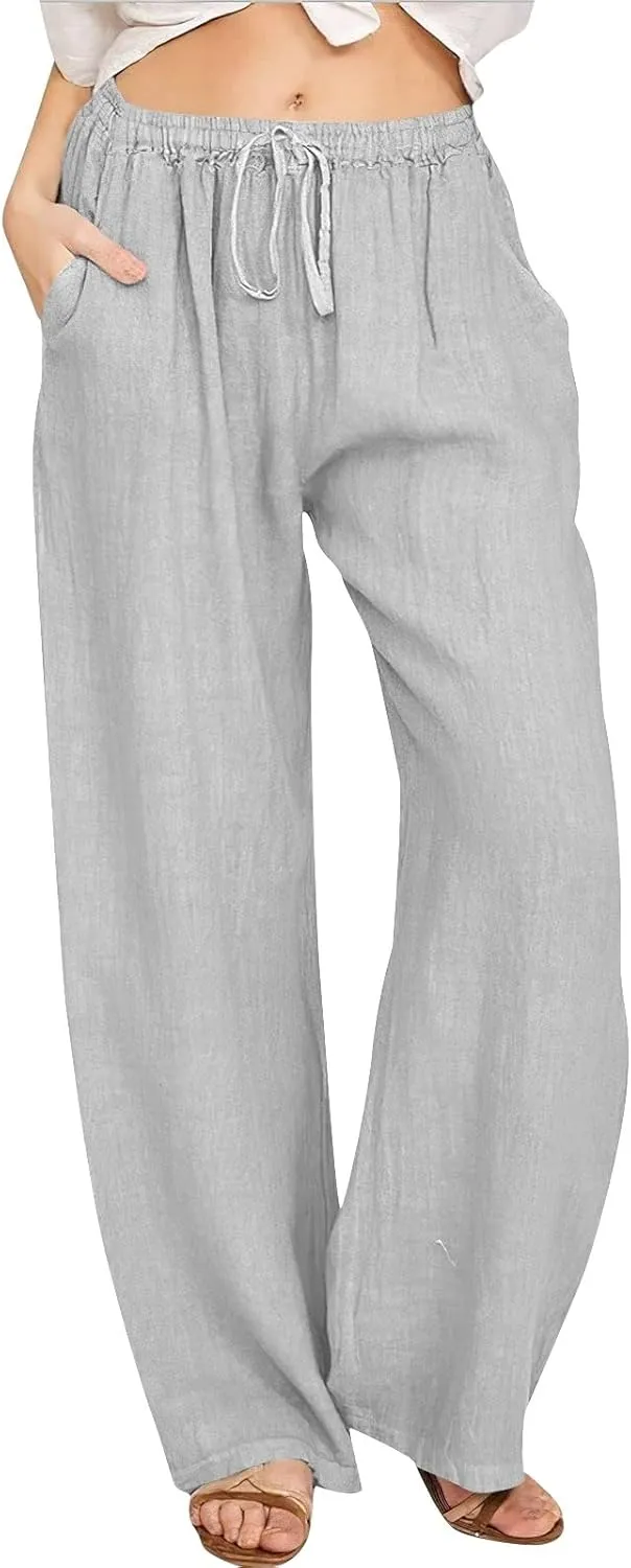 Womens Casual Pants Wide Leg Linen Trousers High Waist Loose Fit Lightweight Summer Beach Pockets Comfortable
