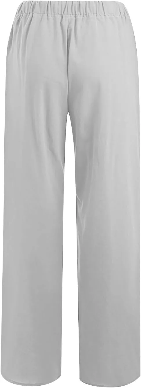 Womens Casual Pants Wide Leg Linen Trousers High Waist Loose Fit Lightweight Summer Beach Pockets Comfortable