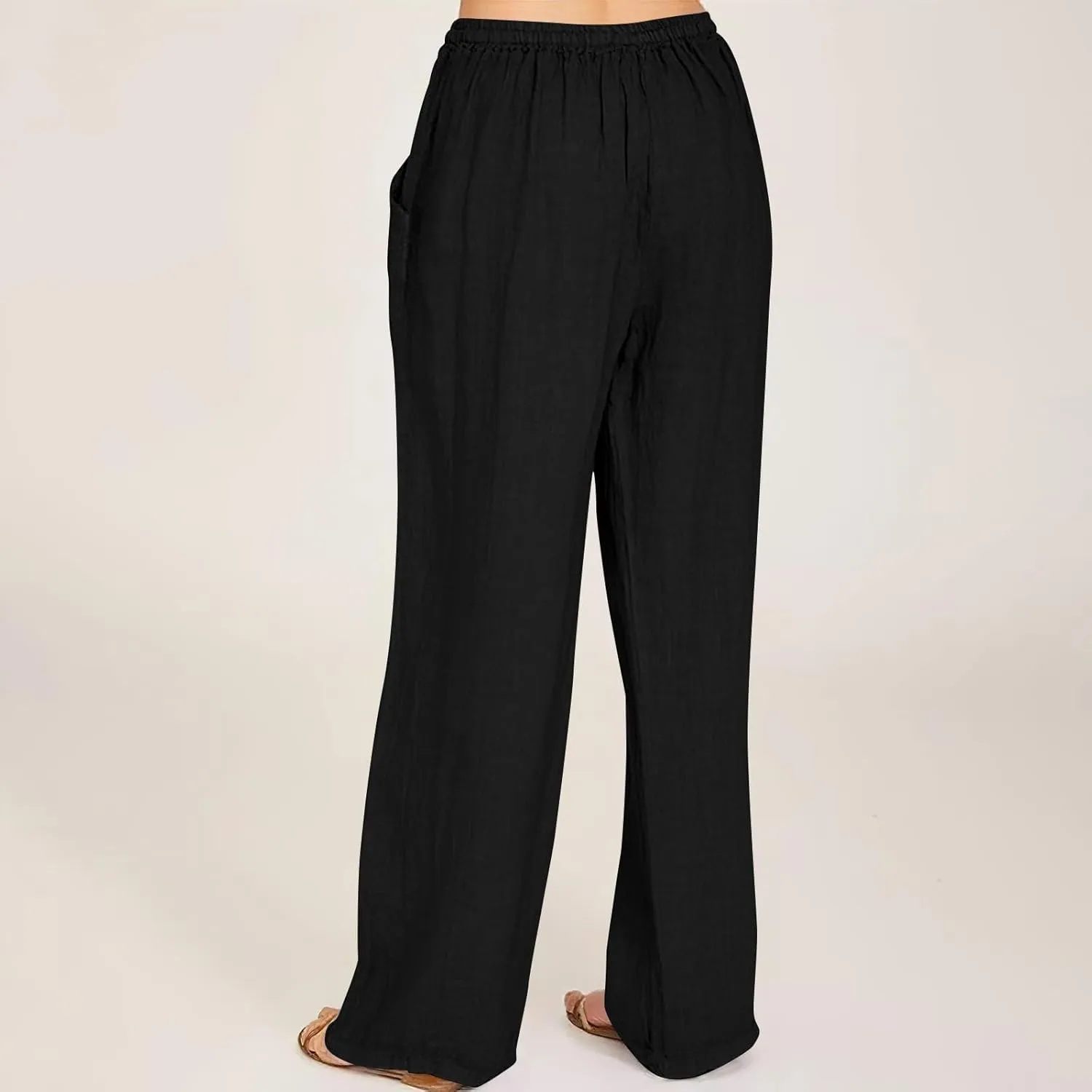 Womens Casual Pants Wide Leg Linen Trousers High Waist Loose Fit Lightweight Summer Beach Pockets Comfortable