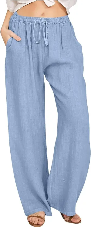 Womens Casual Pants Wide Leg Linen Trousers High Waist Loose Fit Lightweight Summer Beach Pockets Comfortable