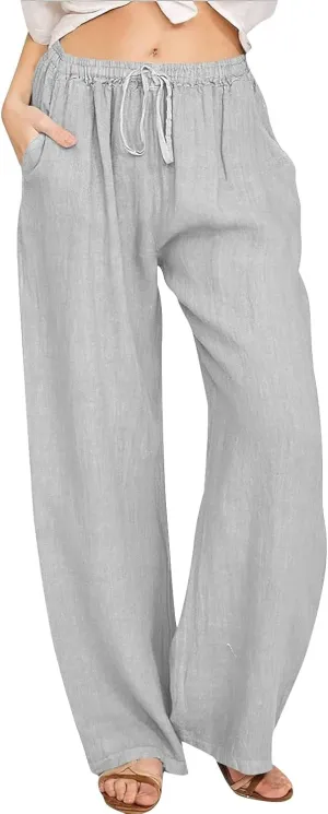 Womens Casual Pants Wide Leg Linen Trousers High Waist Loose Fit Lightweight Summer Beach Pockets Comfortable