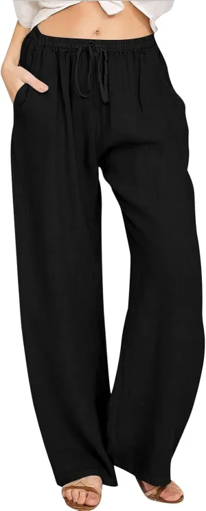 Womens Casual Pants Wide Leg Linen Trousers High Waist Loose Fit Lightweight Summer Beach Pockets Comfortable