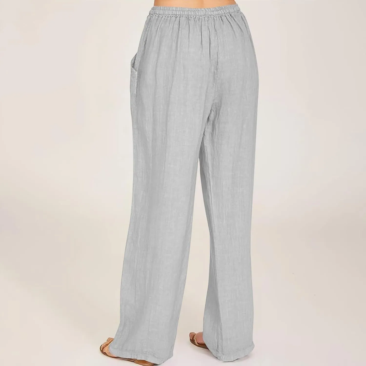 Womens Casual Pants Wide Leg Linen Trousers High Waist Loose Fit Lightweight Summer Beach Pockets Comfortable