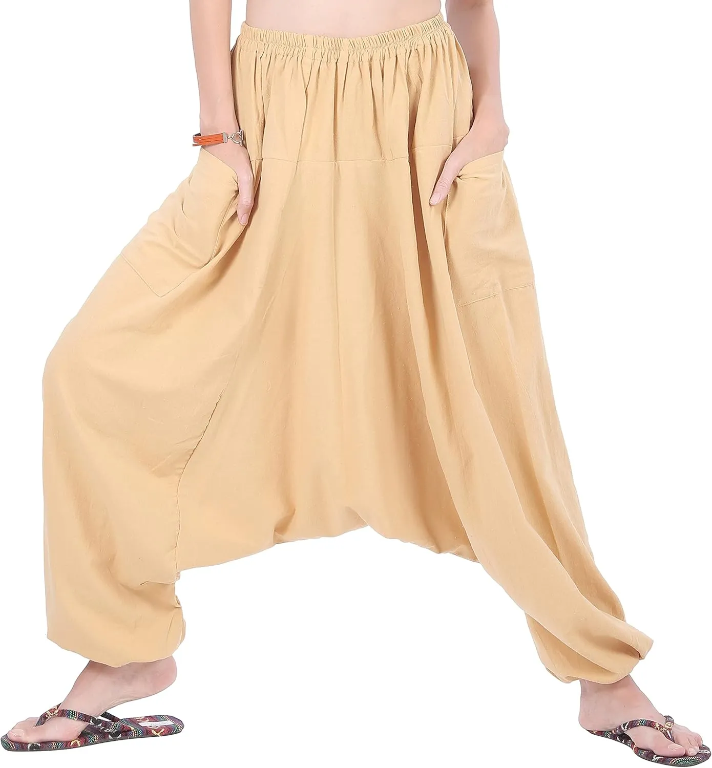 Women's Cotton Harem Pants with Pockets - Casual Elastic Waist Boho Pants, Soft Comfortable Travel & Daily Wear