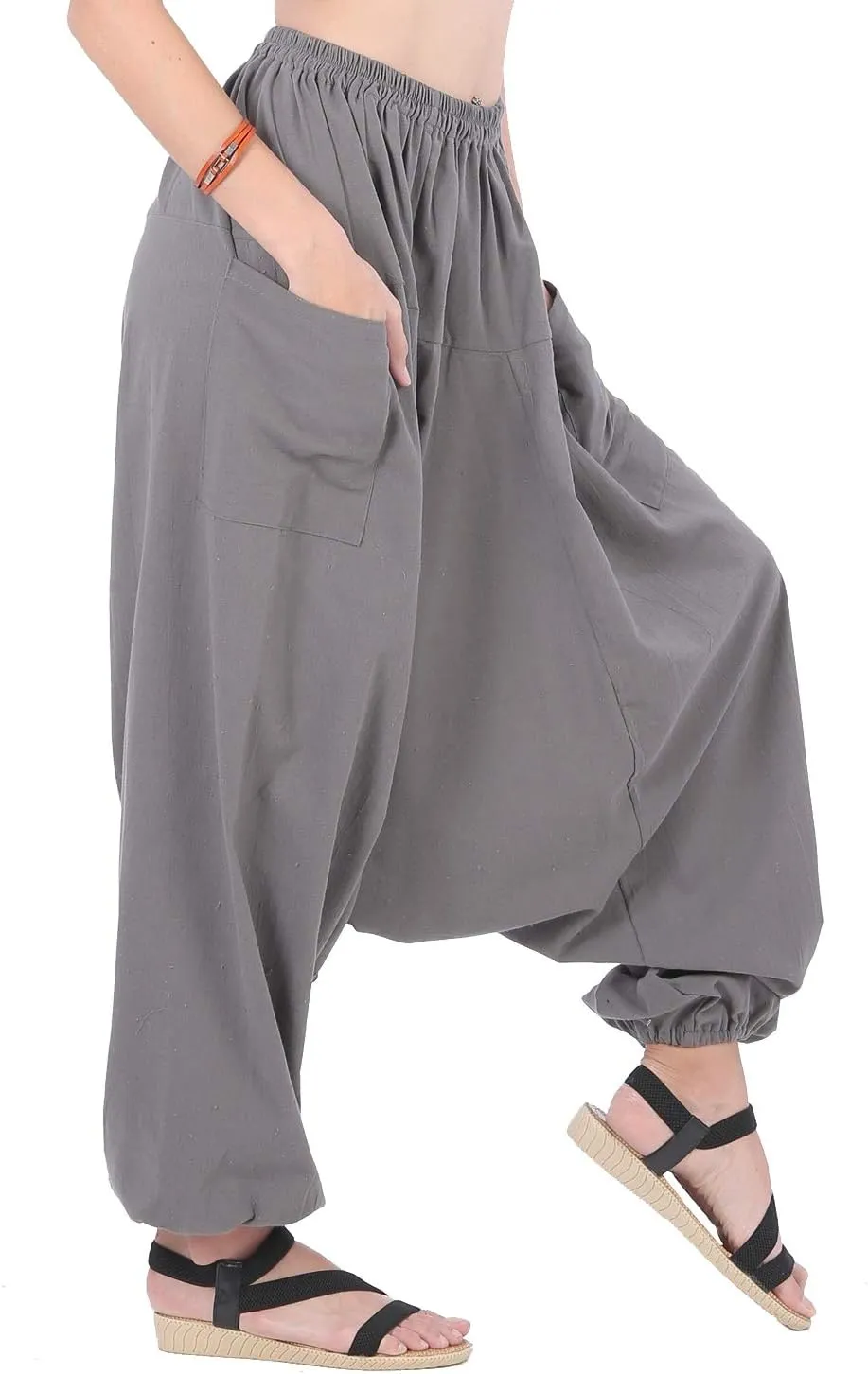 Women's Cotton Harem Pants with Pockets - Casual Elastic Waist Boho Pants, Soft Comfortable Travel & Daily Wear