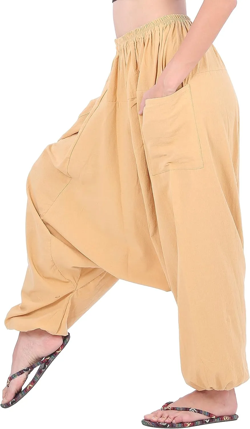 Women's Cotton Harem Pants with Pockets - Casual Elastic Waist Boho Pants, Soft Comfortable Travel & Daily Wear