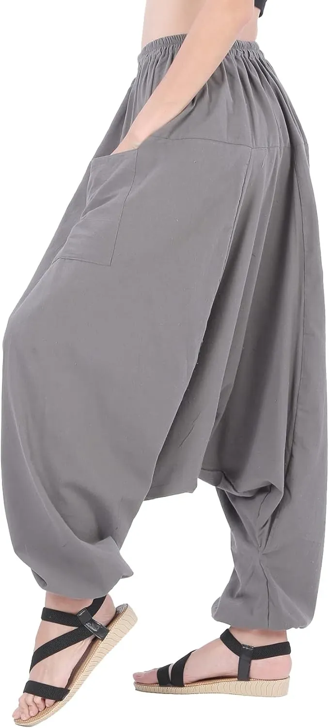 Women's Cotton Harem Pants with Pockets - Casual Elastic Waist Boho Pants, Soft Comfortable Travel & Daily Wear