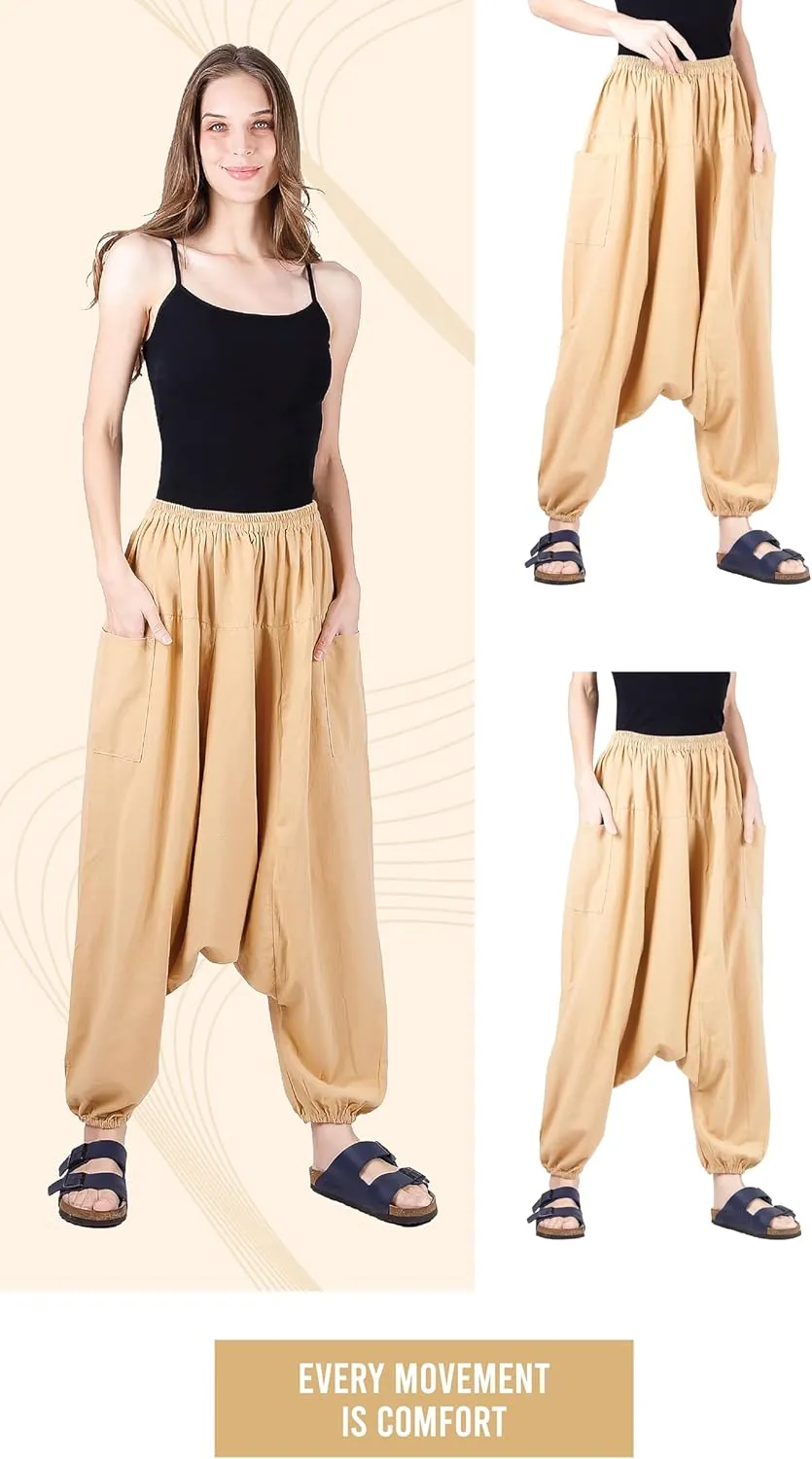 Women's Cotton Harem Pants with Pockets - Casual Elastic Waist Boho Pants, Soft Comfortable Travel & Daily Wear