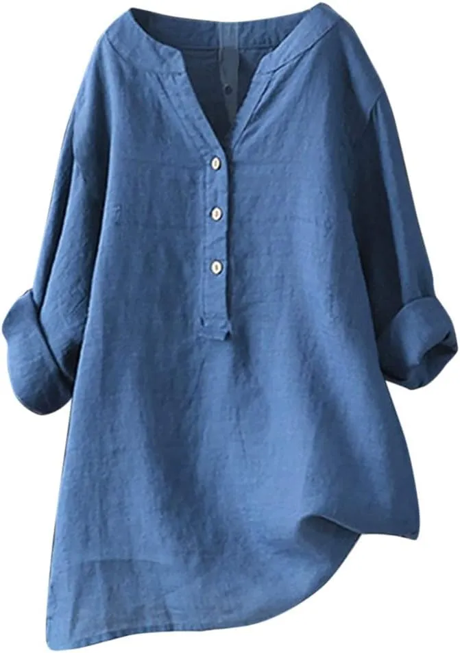 Womens Cotton Linen Shirts Solid Color 3/4 Sleeve Tunic Tops Oversized Tshirts for Women Casual V Neck Dressy Blouses
