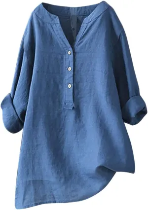 Womens Cotton Linen Shirts Solid Color 3/4 Sleeve Tunic Tops Oversized Tshirts for Women Casual V Neck Dressy Blouses