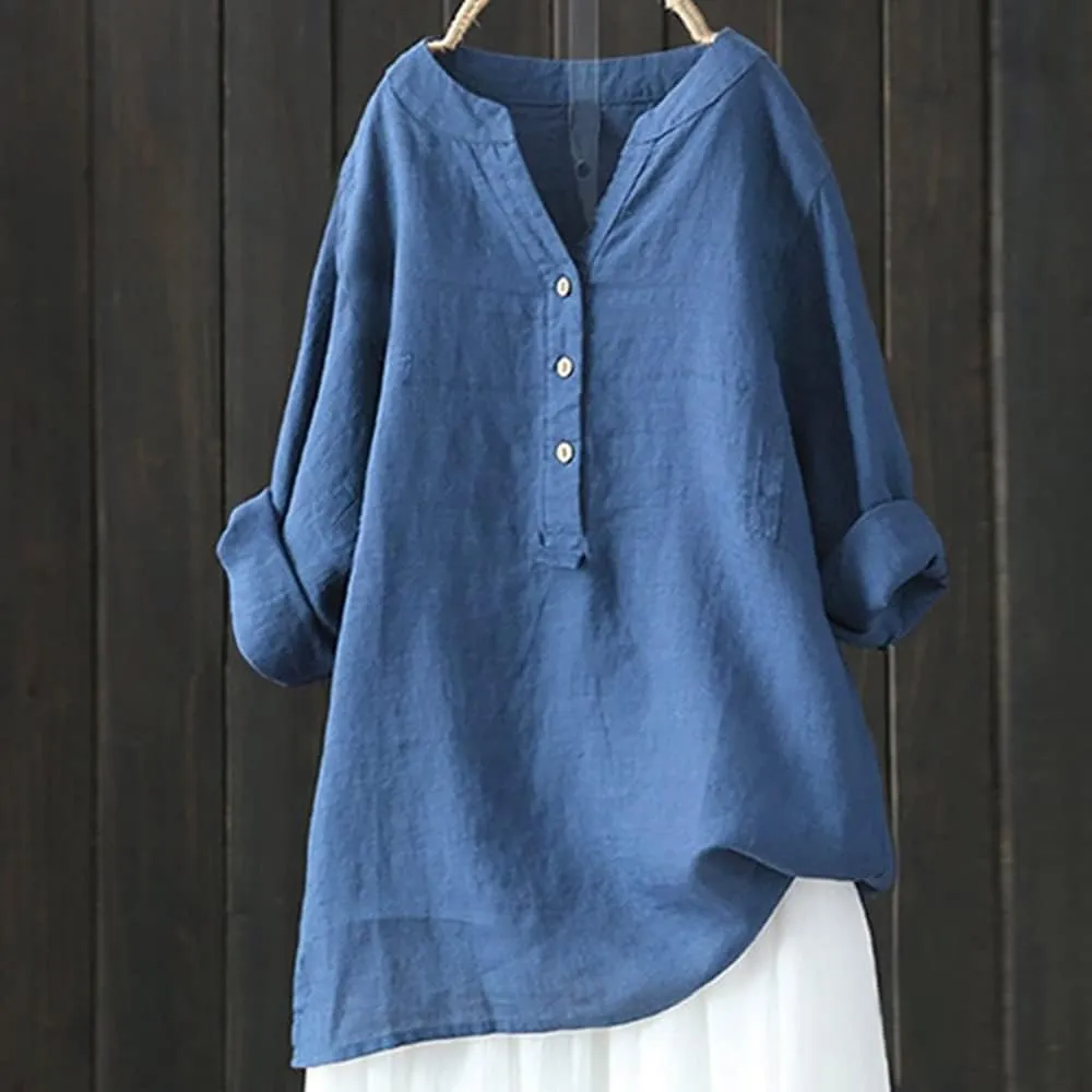 Womens Cotton Linen Shirts Solid Color 3/4 Sleeve Tunic Tops Oversized Tshirts for Women Casual V Neck Dressy Blouses