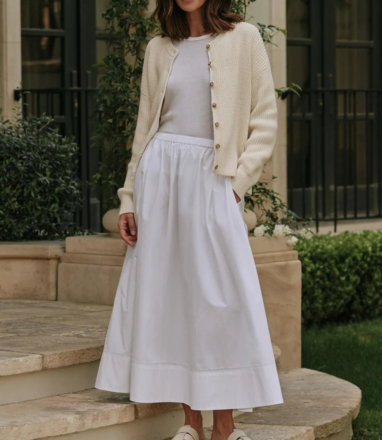 Women's Cotton Maxi Skirt Pleated Elastic Waisted Casual Long Skirts Flowy Boho A Line Beach Dress