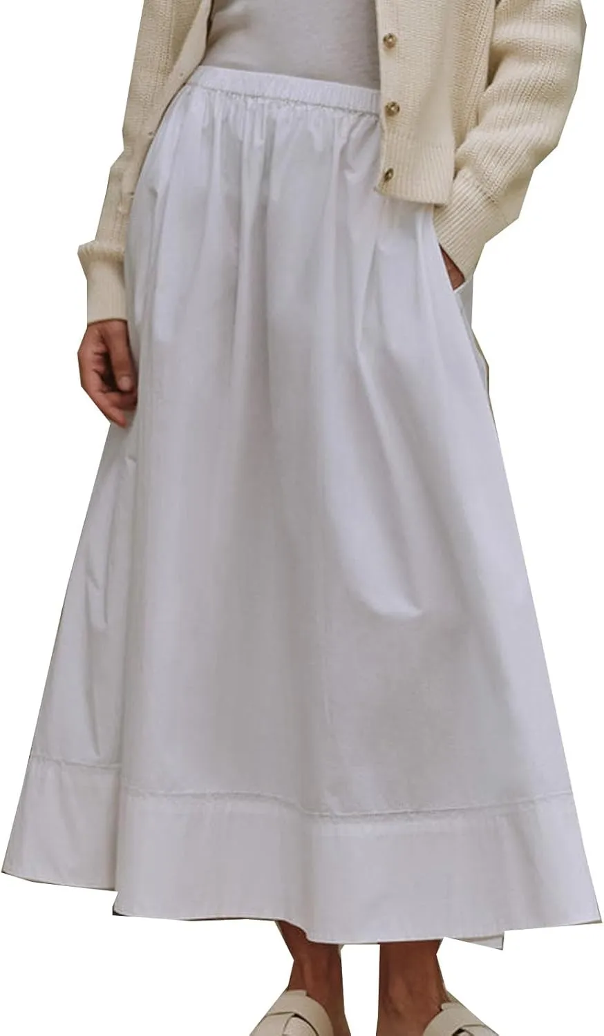 Women's Cotton Maxi Skirt Pleated Elastic Waisted Casual Long Skirts Flowy Boho A Line Beach Dress