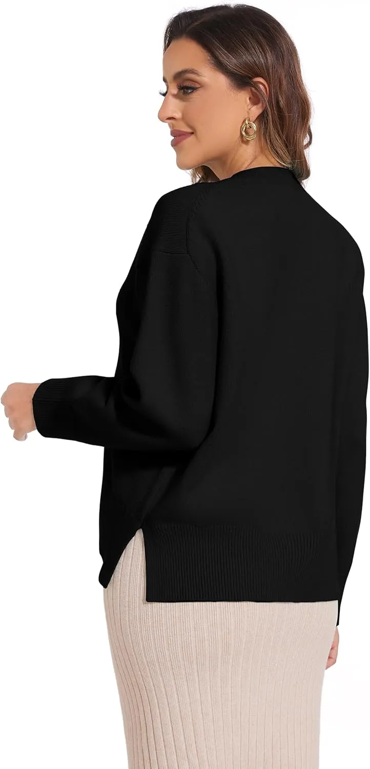 Women's Crewneck Long Sleeve Sweaters 2024 Fall Winter Loose Casual Ribbed Knit Side Slit Pullover Tops