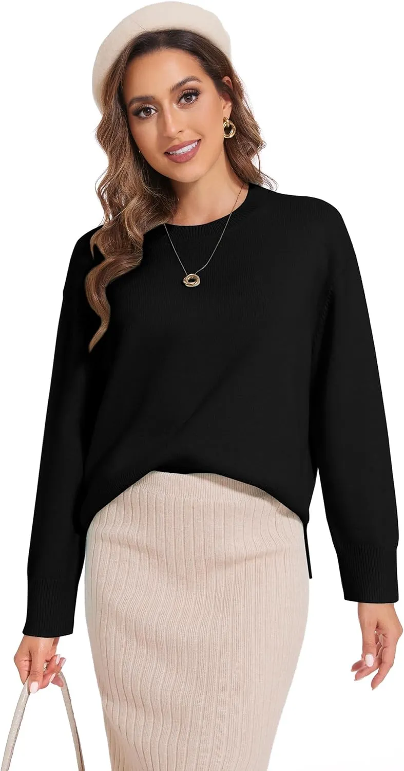 Women's Crewneck Long Sleeve Sweaters 2024 Fall Winter Loose Casual Ribbed Knit Side Slit Pullover Tops