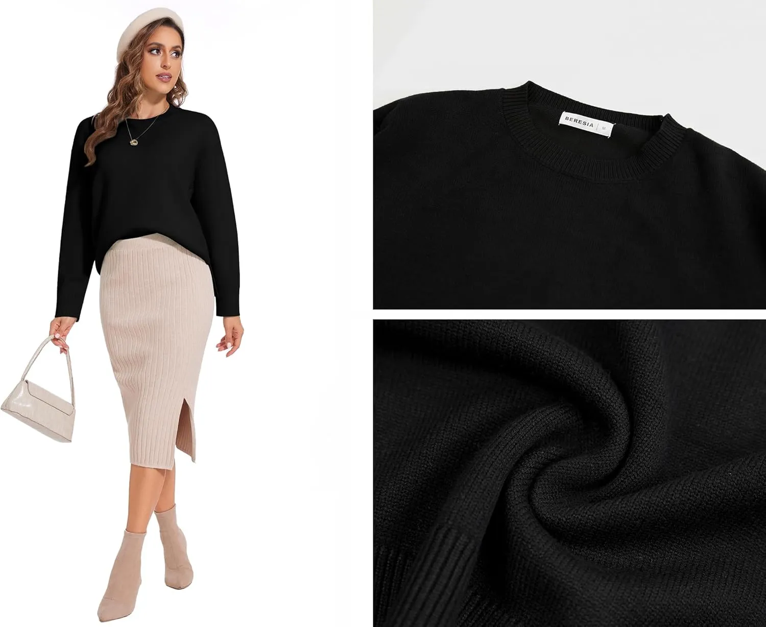 Women's Crewneck Long Sleeve Sweaters 2024 Fall Winter Loose Casual Ribbed Knit Side Slit Pullover Tops