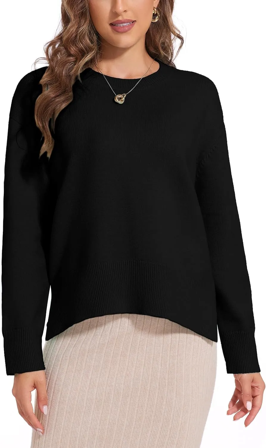 Women's Crewneck Long Sleeve Sweaters 2024 Fall Winter Loose Casual Ribbed Knit Side Slit Pullover Tops