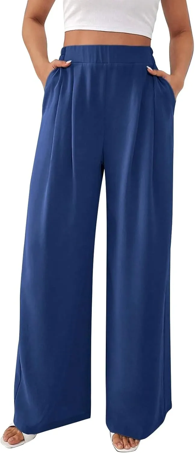 Women's Crinkle Textured Wide Leg Pants High-Waisted Cooling Summer Stretchy Lightweight Lounge to Office