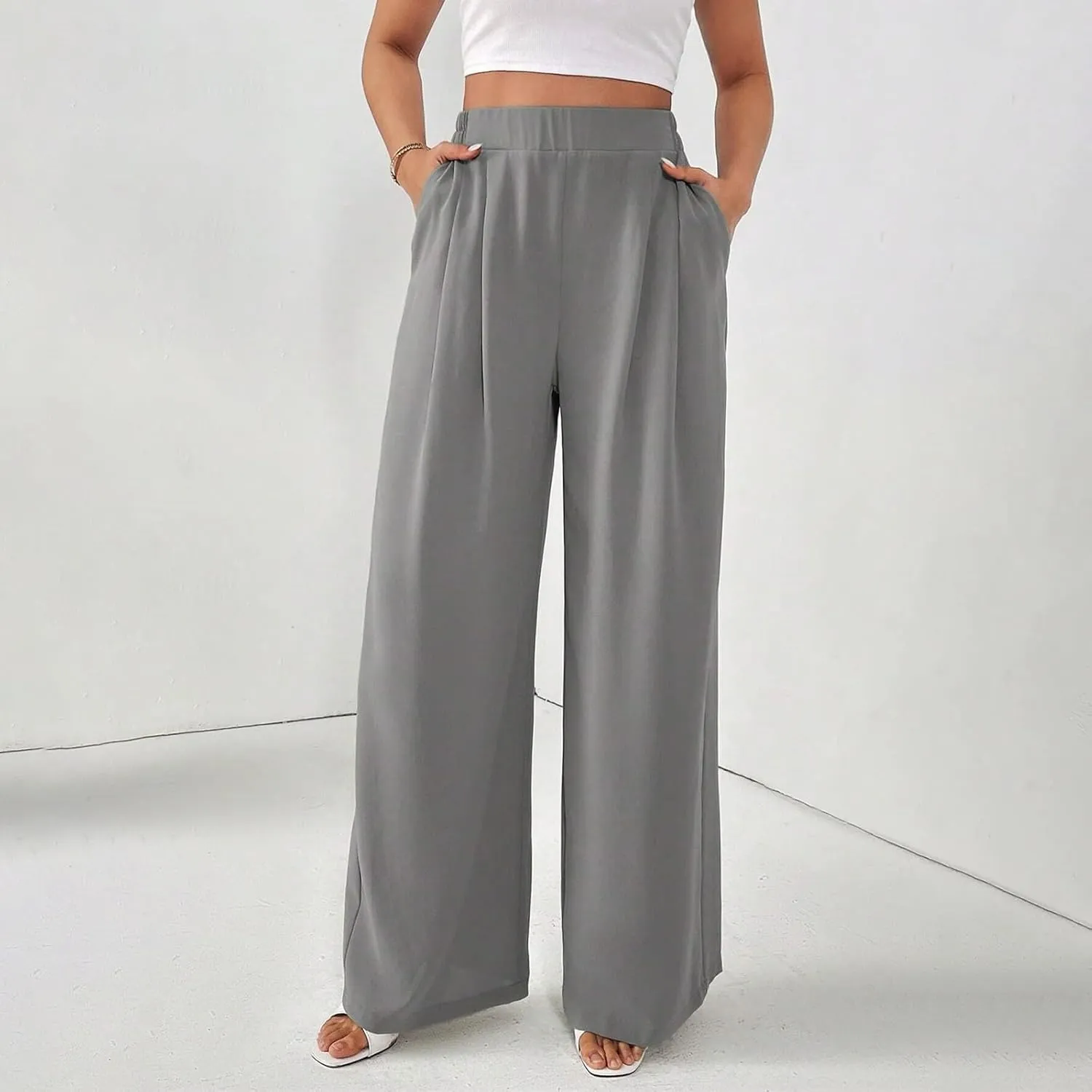 Women's Crinkle Textured Wide Leg Pants High-Waisted Cooling Summer Stretchy Lightweight Lounge to Office