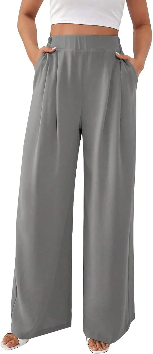 Women's Crinkle Textured Wide Leg Pants High-Waisted Cooling Summer Stretchy Lightweight Lounge to Office