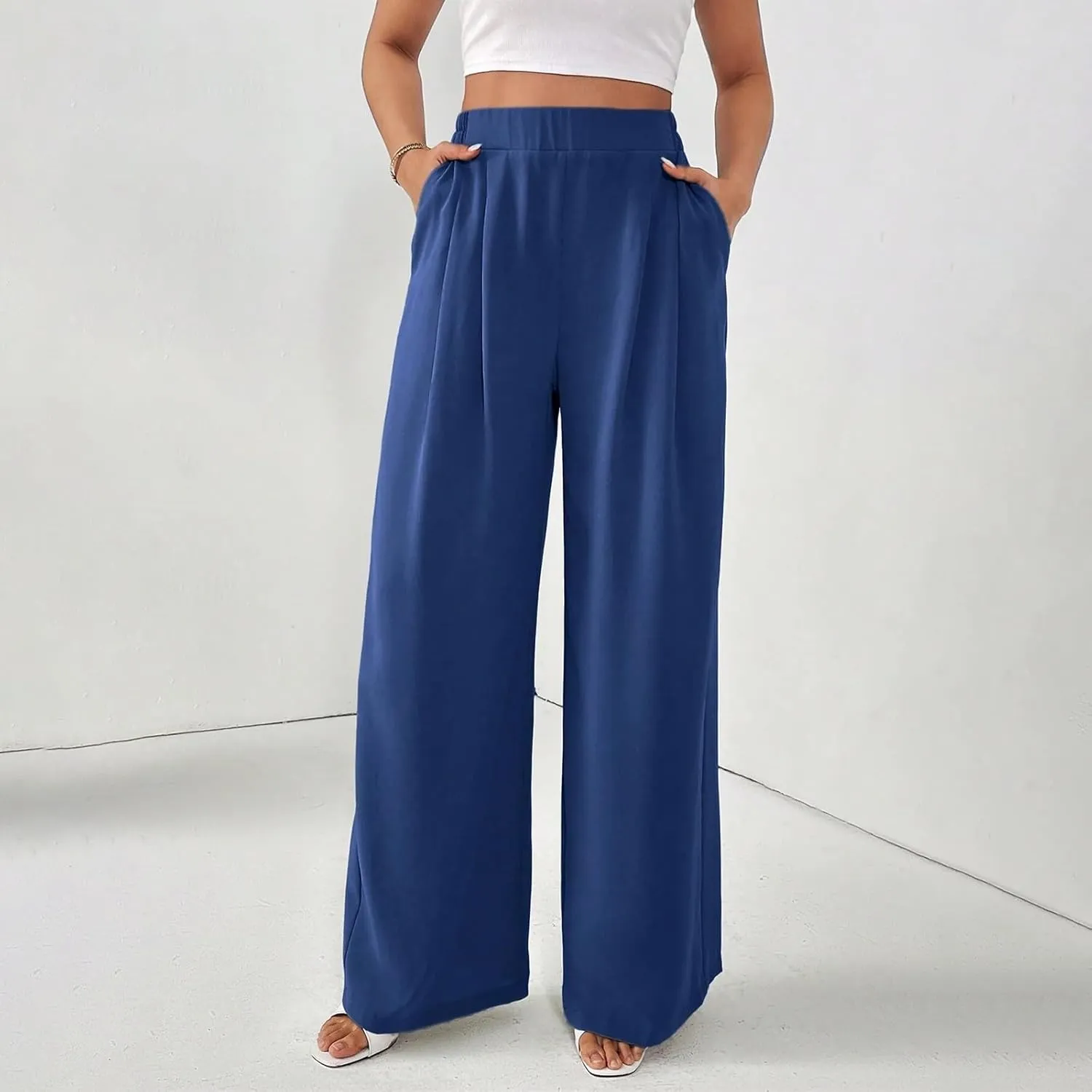Women's Crinkle Textured Wide Leg Pants High-Waisted Cooling Summer Stretchy Lightweight Lounge to Office