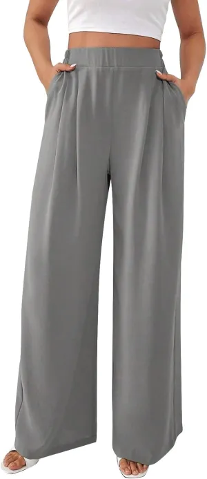 Women's Crinkle Textured Wide Leg Pants High-Waisted Cooling Summer Stretchy Lightweight Lounge to Office