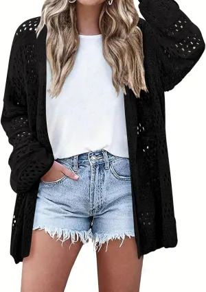 Womens Crochet Cardigan Sweater Summer Boho Long Sleeve Lightweight Soft Oversized Open Front Knitted Tops