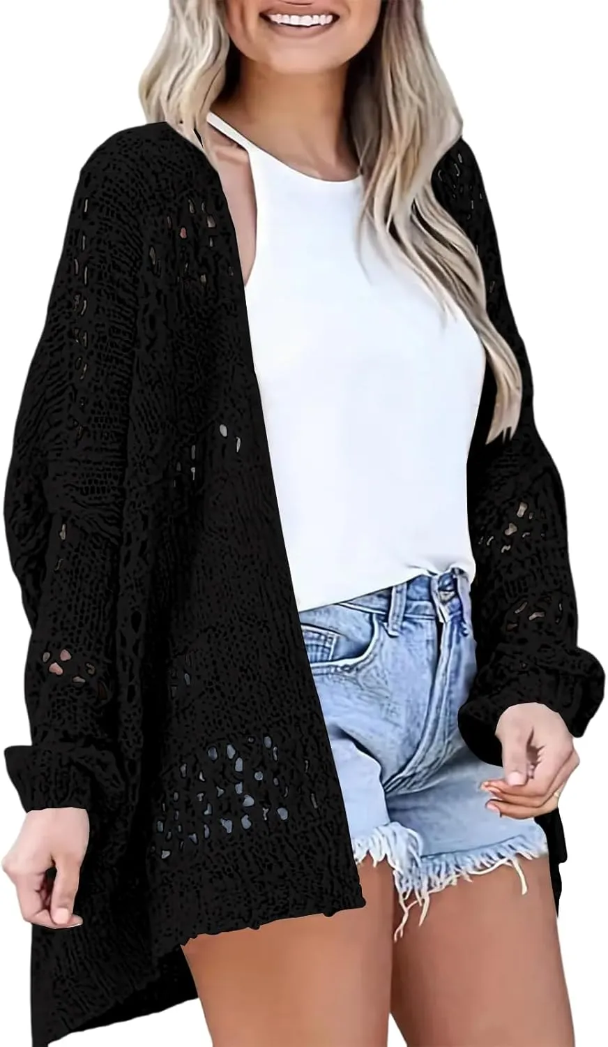 Womens Crochet Cardigan Sweater Summer Boho Long Sleeve Lightweight Soft Oversized Open Front Knitted Tops
