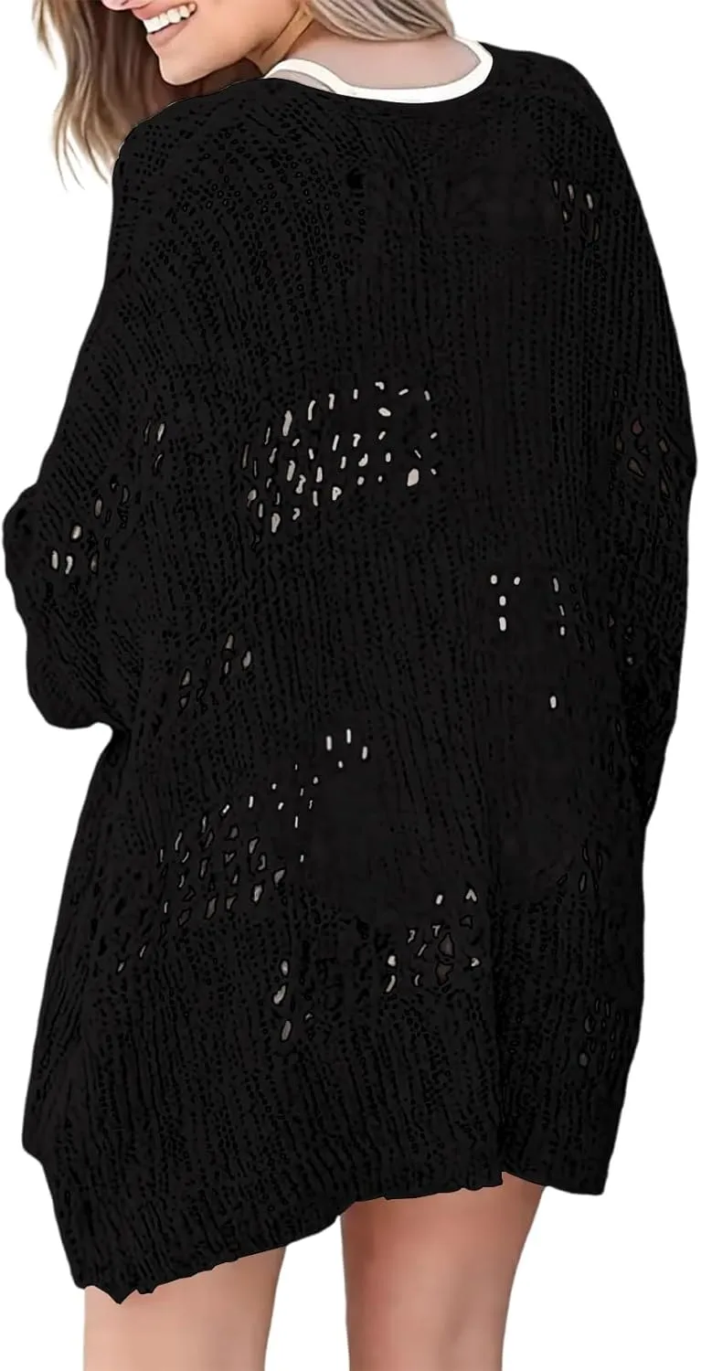 Womens Crochet Cardigan Sweater Summer Boho Long Sleeve Lightweight Soft Oversized Open Front Knitted Tops