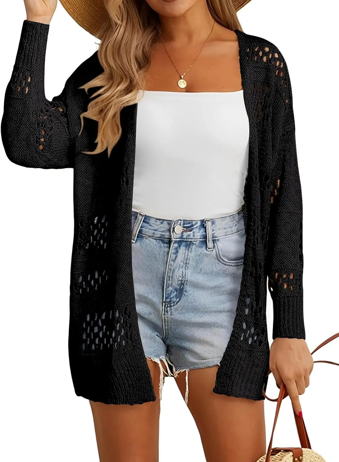 Womens Crochet Cardigan Sweater Summer Boho Long Sleeve Lightweight Soft Oversized Open Front Knitted Tops