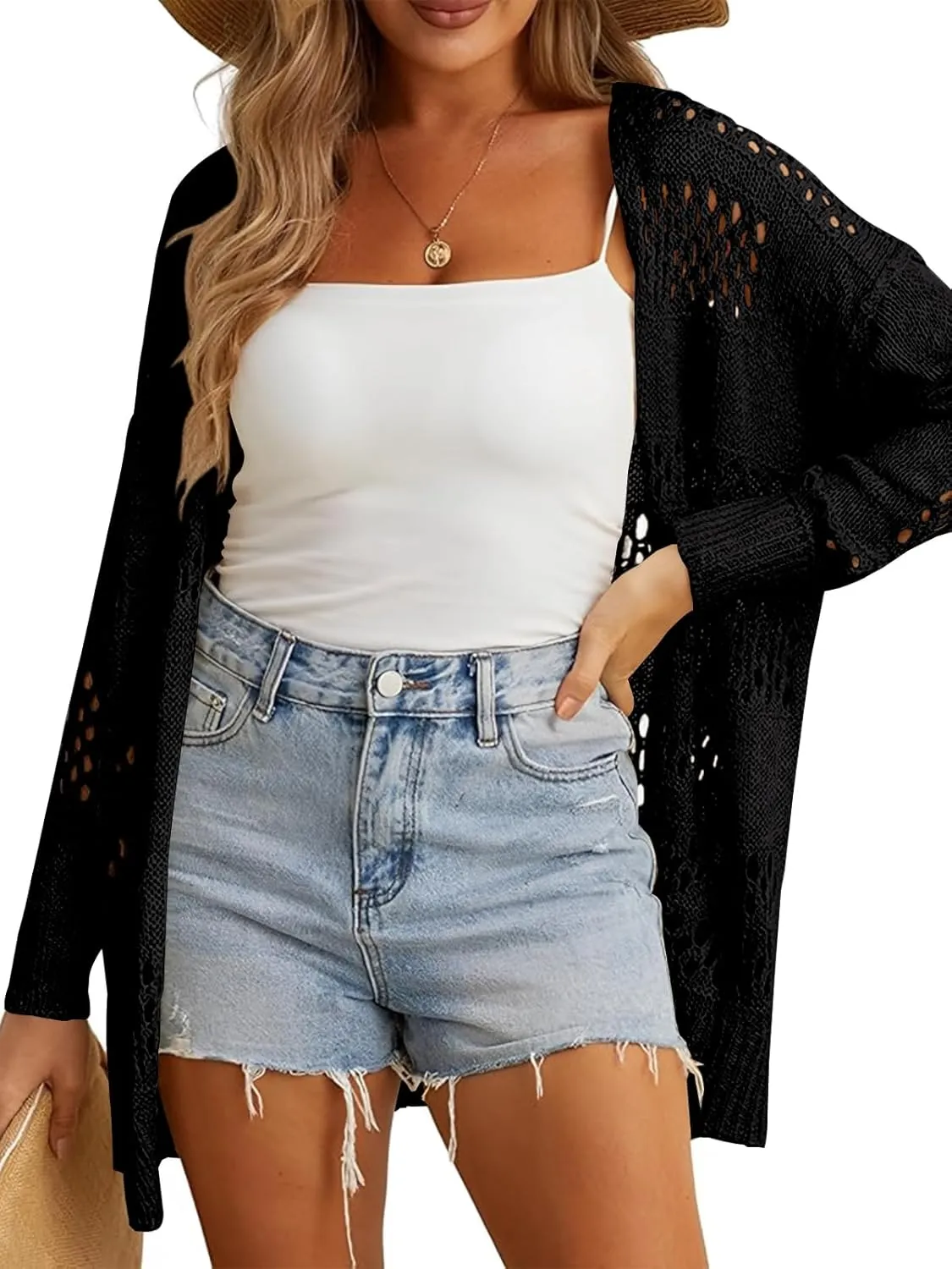 Womens Crochet Cardigan Sweater Summer Boho Long Sleeve Lightweight Soft Oversized Open Front Knitted Tops