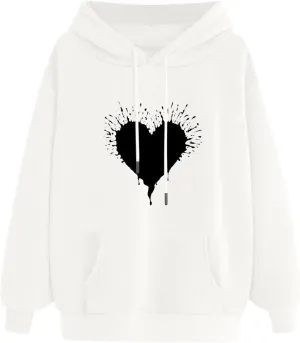 Women's Drawstring Hoodie Long Sleeve Heart Print Cute Pullovers Tops Trendy Kangaroo Pocket Casual Sweatshirt