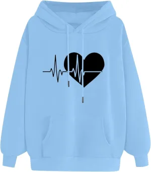 Women's Drawstring Hoodie Long Sleeve Heart Print Cute Pullovers Tops Trendy Kangaroo Pocket Casual Sweatshirt