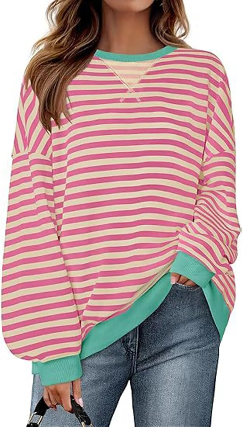 Women's Fall Striped Oversized Sweatshirt Long Sleeve Crewneck Hoodies Shirts Pullover Top 2024 Trendy Preppy Clothes