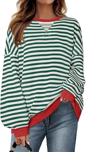 Women's Fall Striped Oversized Sweatshirt Long Sleeve Crewneck Hoodies Shirts Pullover Top 2024 Trendy Preppy Clothes