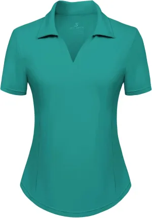 Women's Golf Polo Shirt V Neck Short Sleeve Tennis Shirt Sun Protection Moisture Wicking Athletic Tops