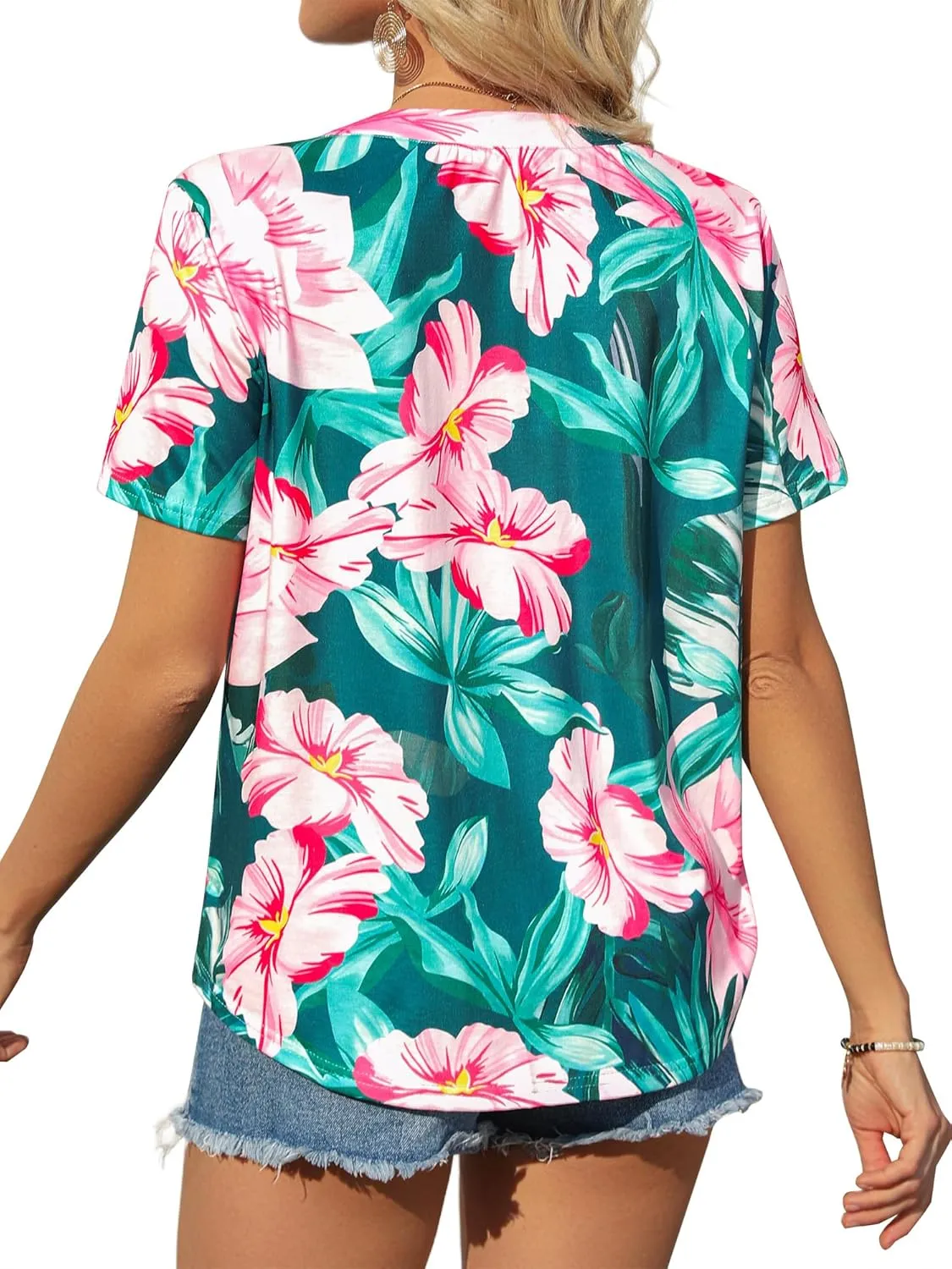Womens Hawaiian Shirts V Neck Short Sleeve Button Floral Printed T-Shirt Summer Casual Pleated Trendy Blouses Tops