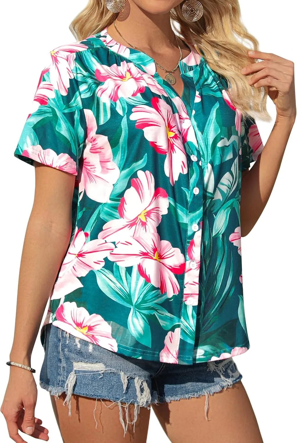 Womens Hawaiian Shirts V Neck Short Sleeve Button Floral Printed T-Shirt Summer Casual Pleated Trendy Blouses Tops