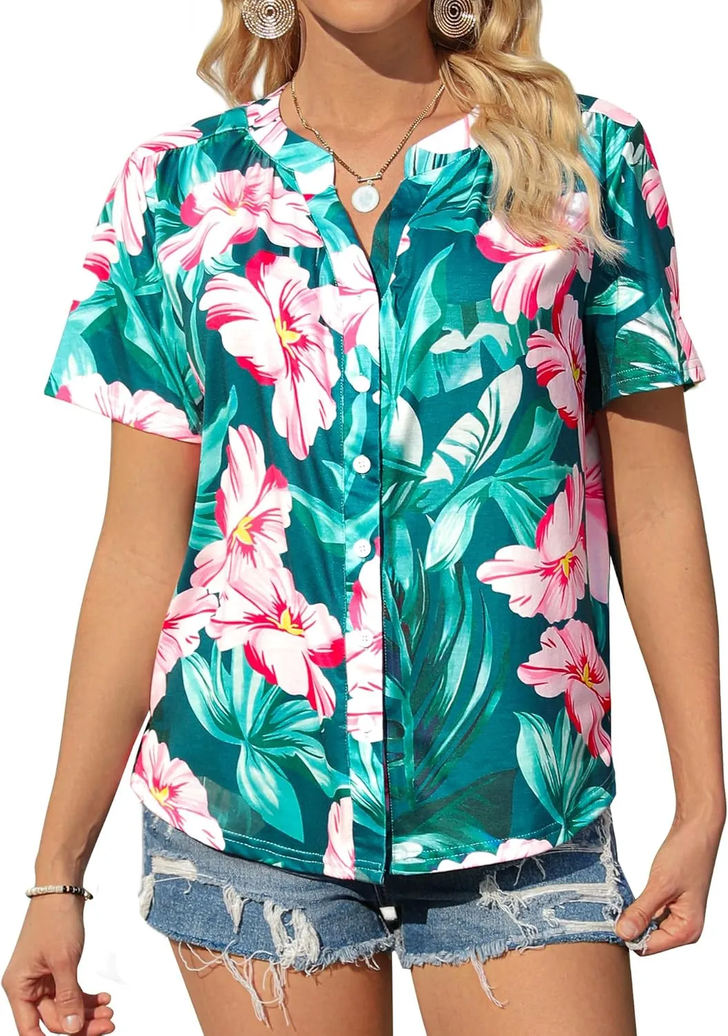 Womens Hawaiian Shirts V Neck Short Sleeve Button Floral Printed T-Shirt Summer Casual Pleated Trendy Blouses Tops