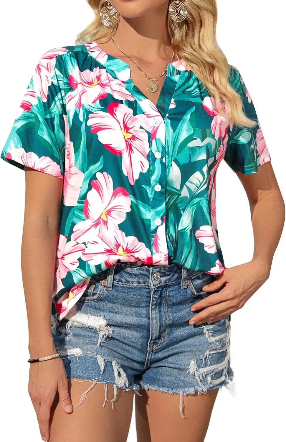 Womens Hawaiian Shirts V Neck Short Sleeve Button Floral Printed T-Shirt Summer Casual Pleated Trendy Blouses Tops